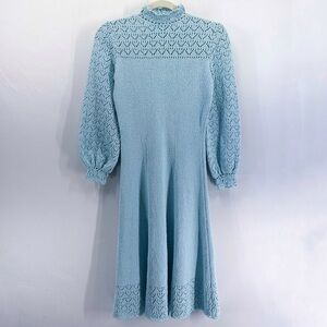 Vintage Picardo Knits Baby Blue Pointelle Crochet Midi Dress Mock Neck Coquette